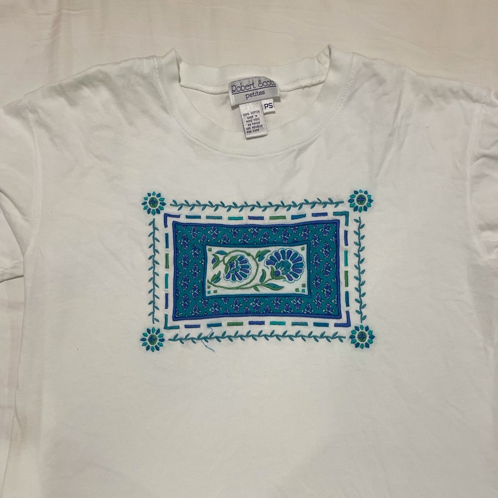 Vintage Embroidered T-shirt, floral/ Mediterranean pattern
